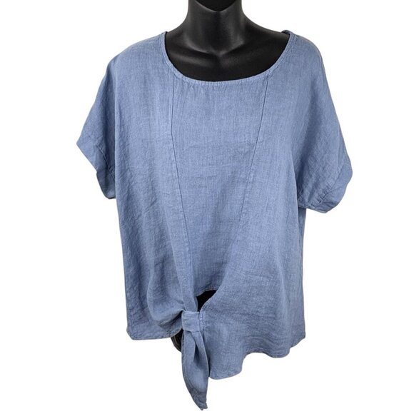 Linen Short Sleeve Front Waist Tie Blue Women’s L/XL Coastal Made In Italy - Picture 1 of 6